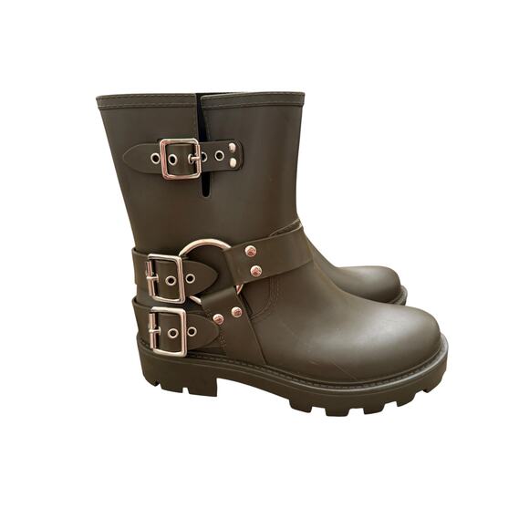 Jeffrey Campbell Women's Green Buckle Ankle Controller Moto Rain Boots Size 9 - Picture 1 of 10